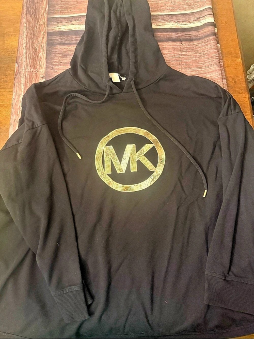 Michael Kors Black and Gold Sequin MK Logo Hooded Sweatshirt Black & Gold Sequin